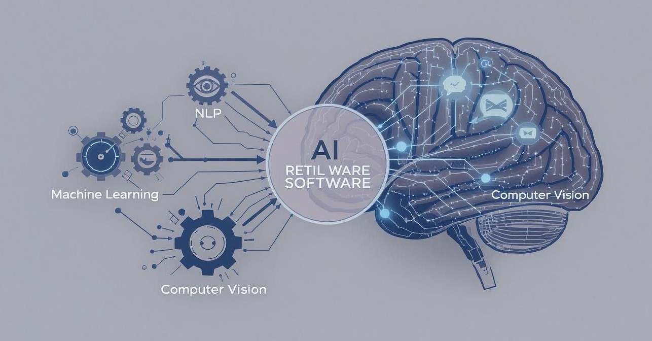 Conceptual diagram of AI retail software powered by machine learning, NLP, and computer vision, visualized as a brain.