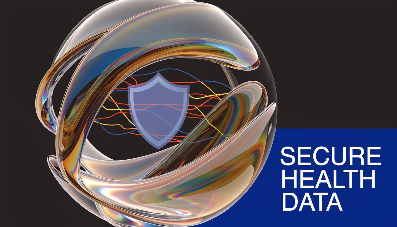 A 3D abstract sphere enclosing a protective shield symbol with data lines representing secure health data.