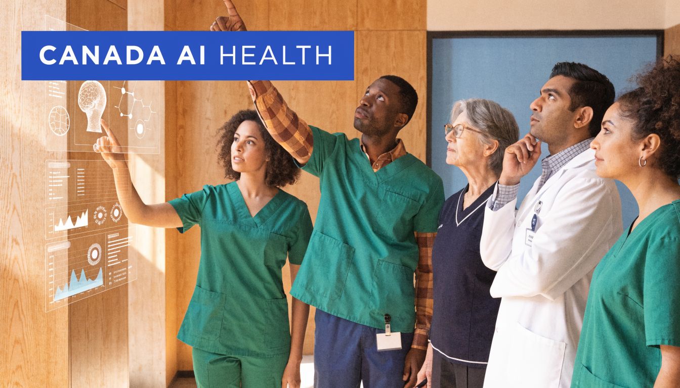 A diverse team of medical professionals interacting with a digital holographic interface showing medical data and analytics.