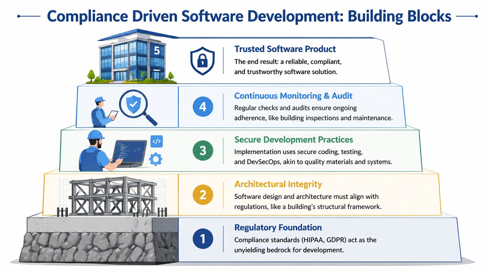 A five-level pyramid infographic illustrating the foundational steps for compliance driven software development in an organization.