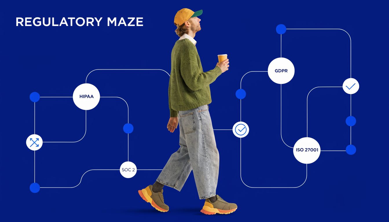 A person walking through a conceptual regulatory maze diagram highlighting compliance standards like HIPAA, GDPR, and ISO 27001.