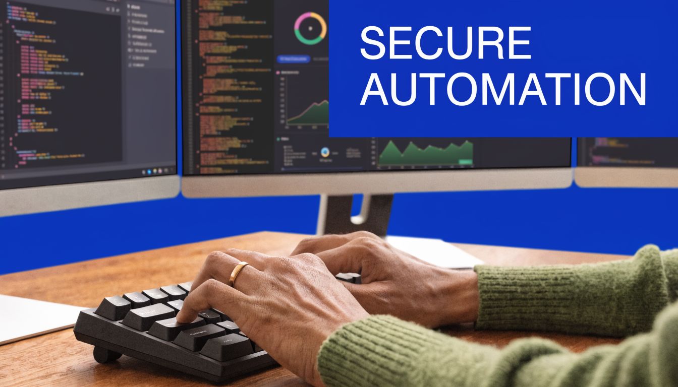 A person coding on multiple monitors displaying software development projects with a secure automation title overlay.