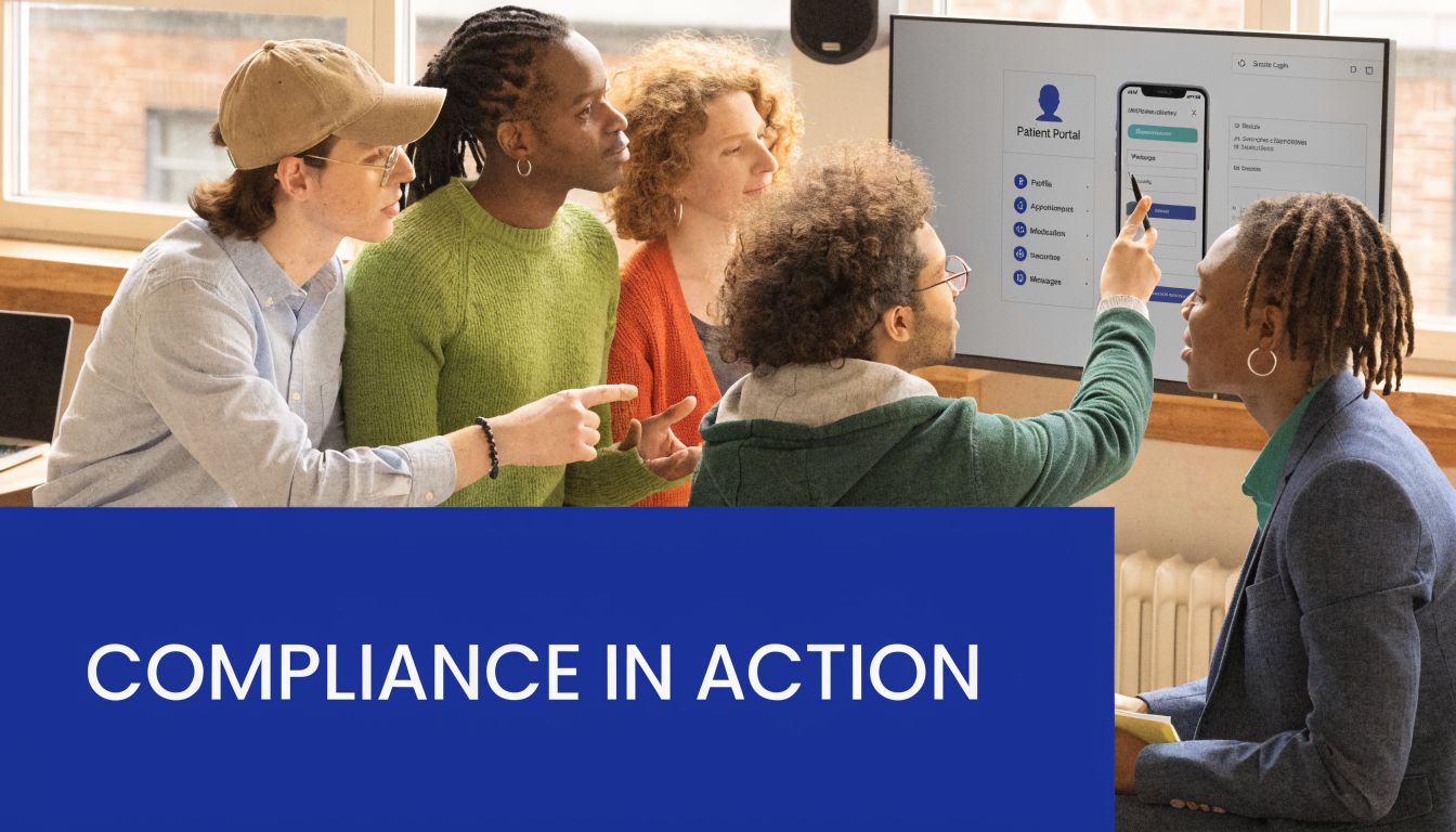 A diverse group of professionals collaborating while looking at a digital patient portal display on a screen.