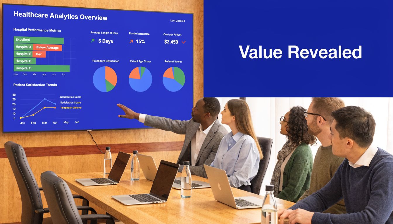 A diverse group of professionals discussing healthcare analytics data presented on a large wall-mounted screen.