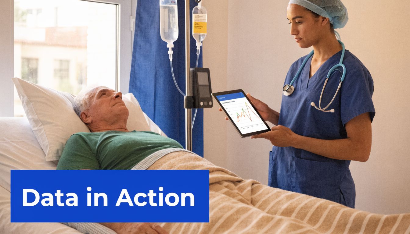 A female nurse in blue scrubs reviews patient data on a tablet while an elderly patient rests.