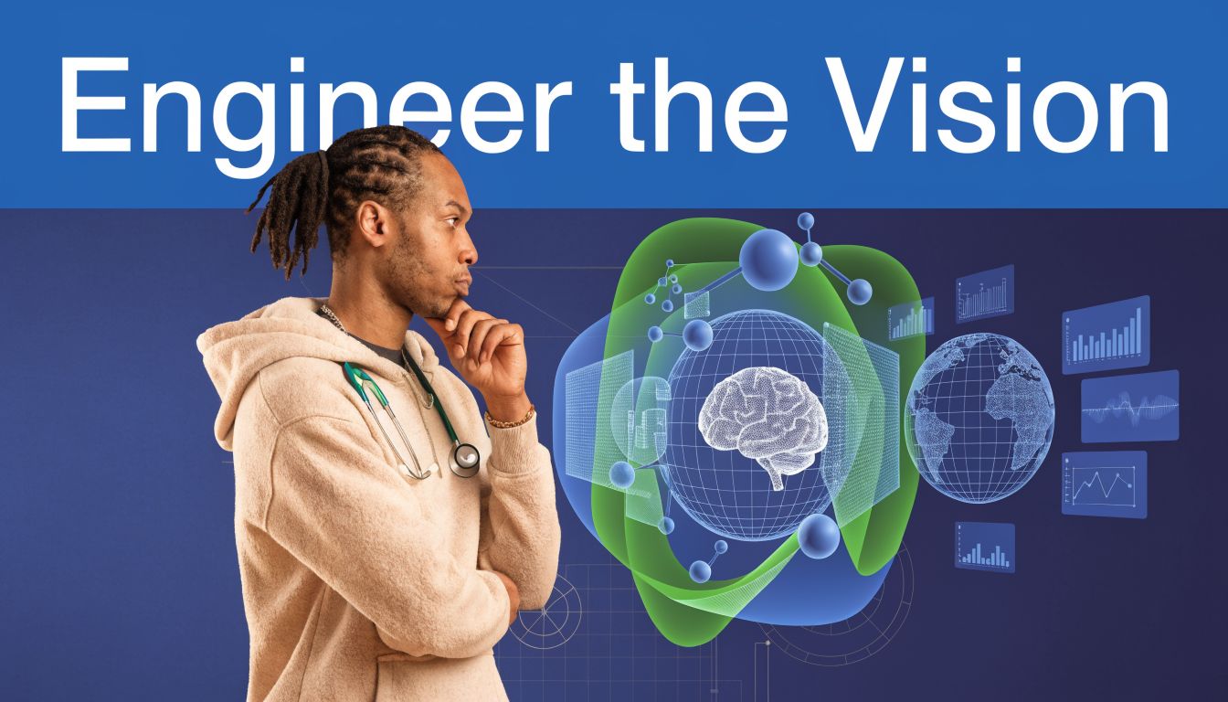 A professional with a stethoscope observing digital graphics of a brain, global network, and data charts.