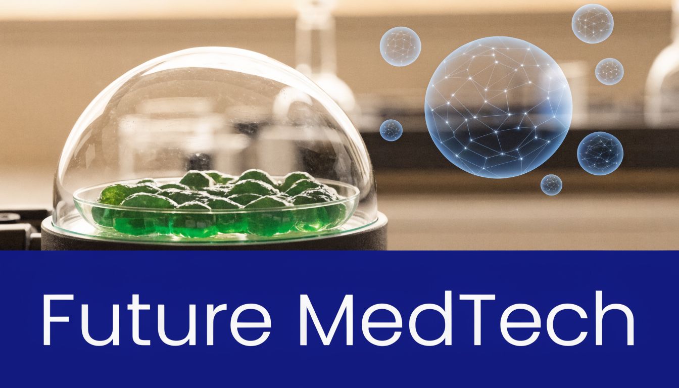 A glass dome protecting green, gelatinous biological samples next to glowing digital spheres representing advanced medical technology.