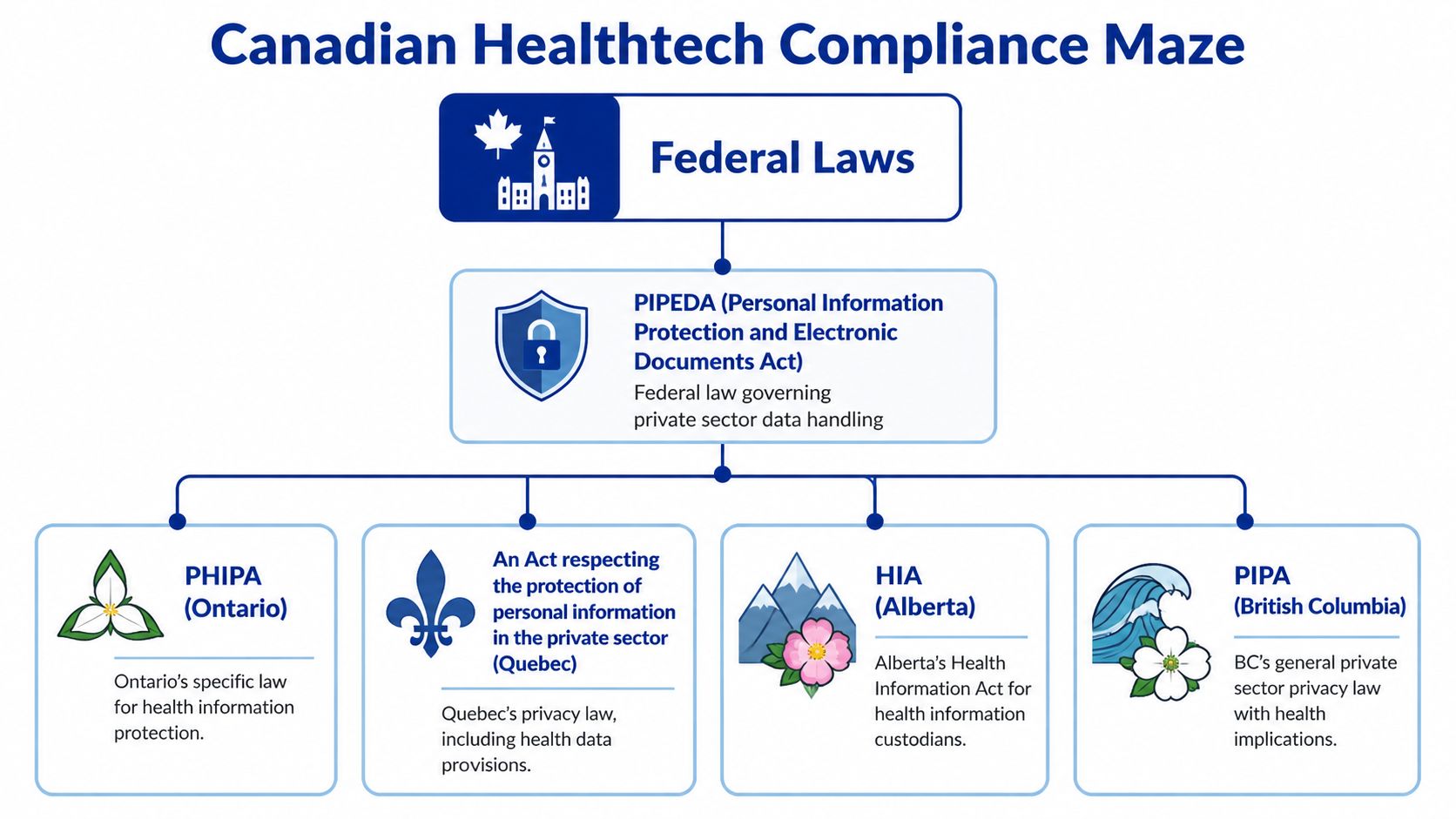 A flowchart detailing Canadian healthtech compliance laws, including federal PIPEDA and provincial health privacy regulations.