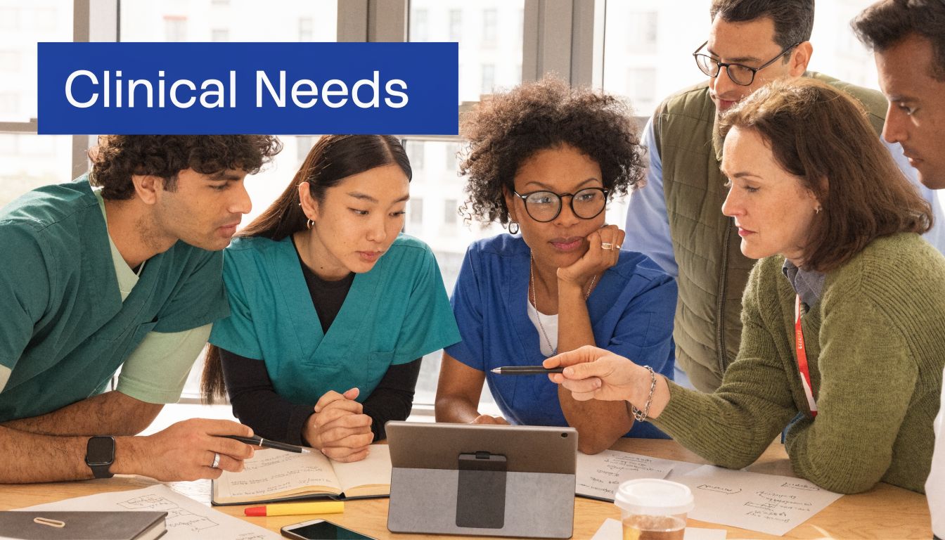 A diverse team of healthcare professionals collaborating on a project using a tablet and notes.