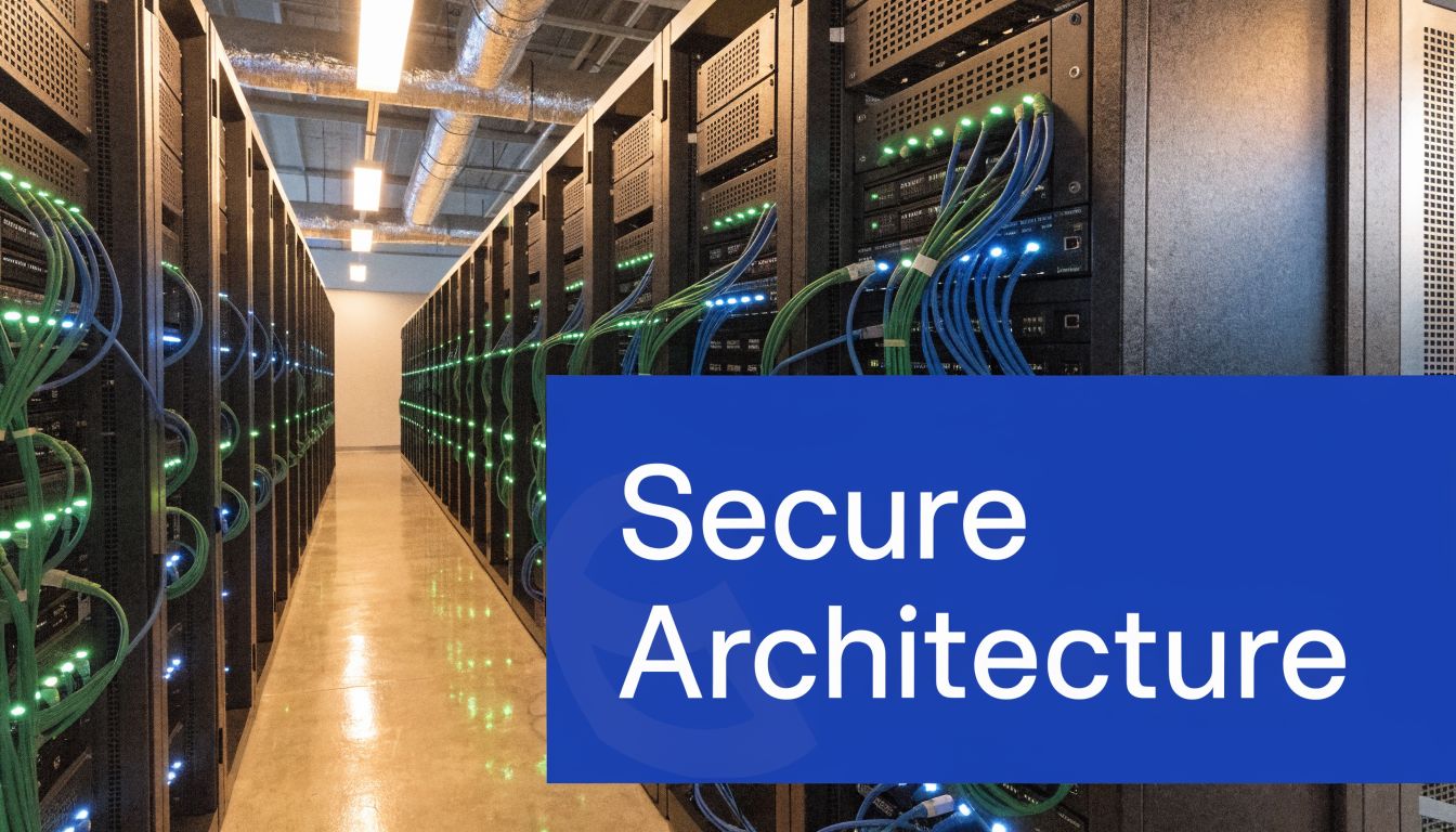 A brightly lit server room with rows of computer server racks featuring connected networking cables and equipment.