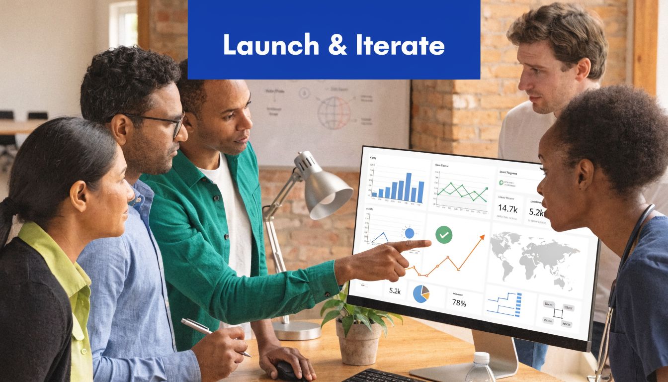 A diverse group of professionals collaborating on a data dashboard for healthtech MVP development in an office.