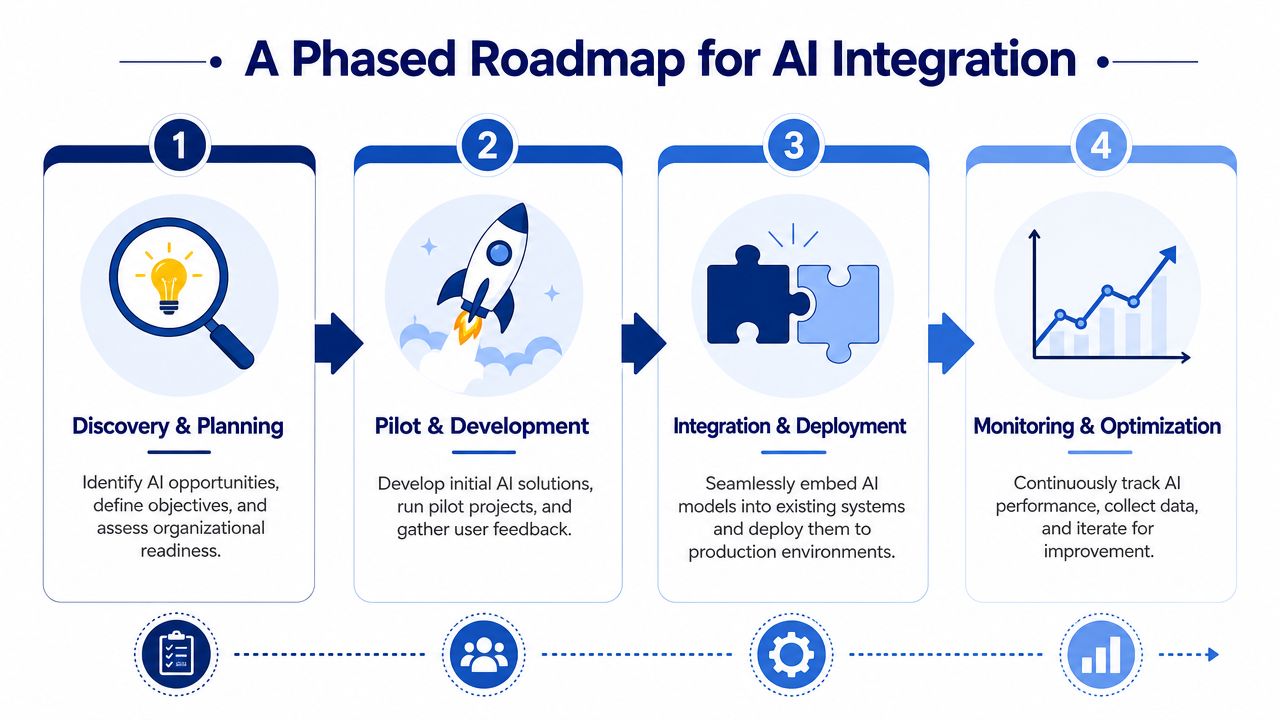 A four-step roadmap infographic for AI integration, illustrating discovery, pilot development, deployment, and ongoing optimization stages.