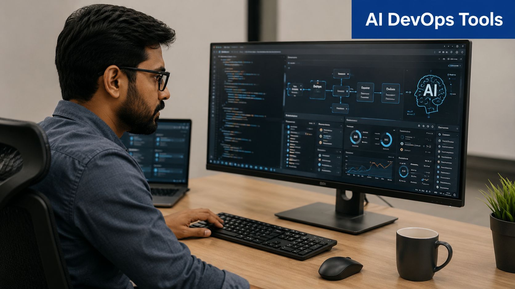 A professional software developer working on AI DevOps tools on a large computer monitor in an office.