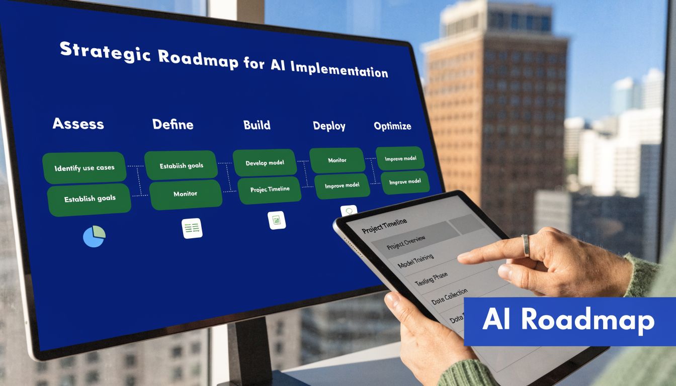A professional display showing a Strategic Roadmap for AI Implementation with five key phases for project planning.