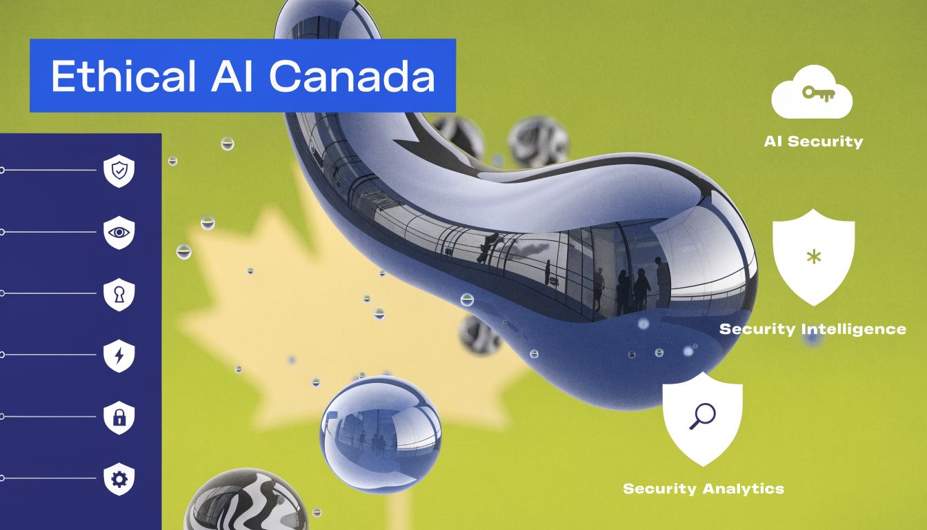 A digital graphic titled Ethical AI Canada showcasing abstract floating spheres, security icons, and business analytics services.