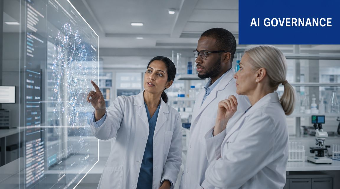 Three scientists in white lab coats examining a complex digital network model on a glass display board.