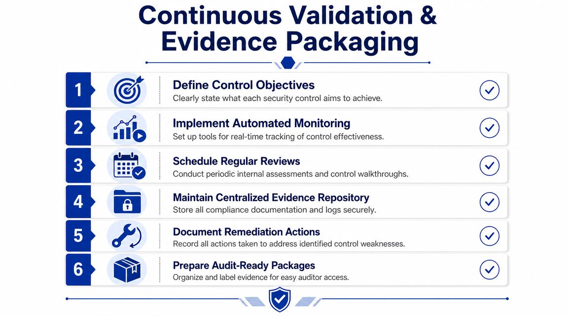 A six-step infographic illustrating the process of continuous validation and evidence packaging for security compliance.