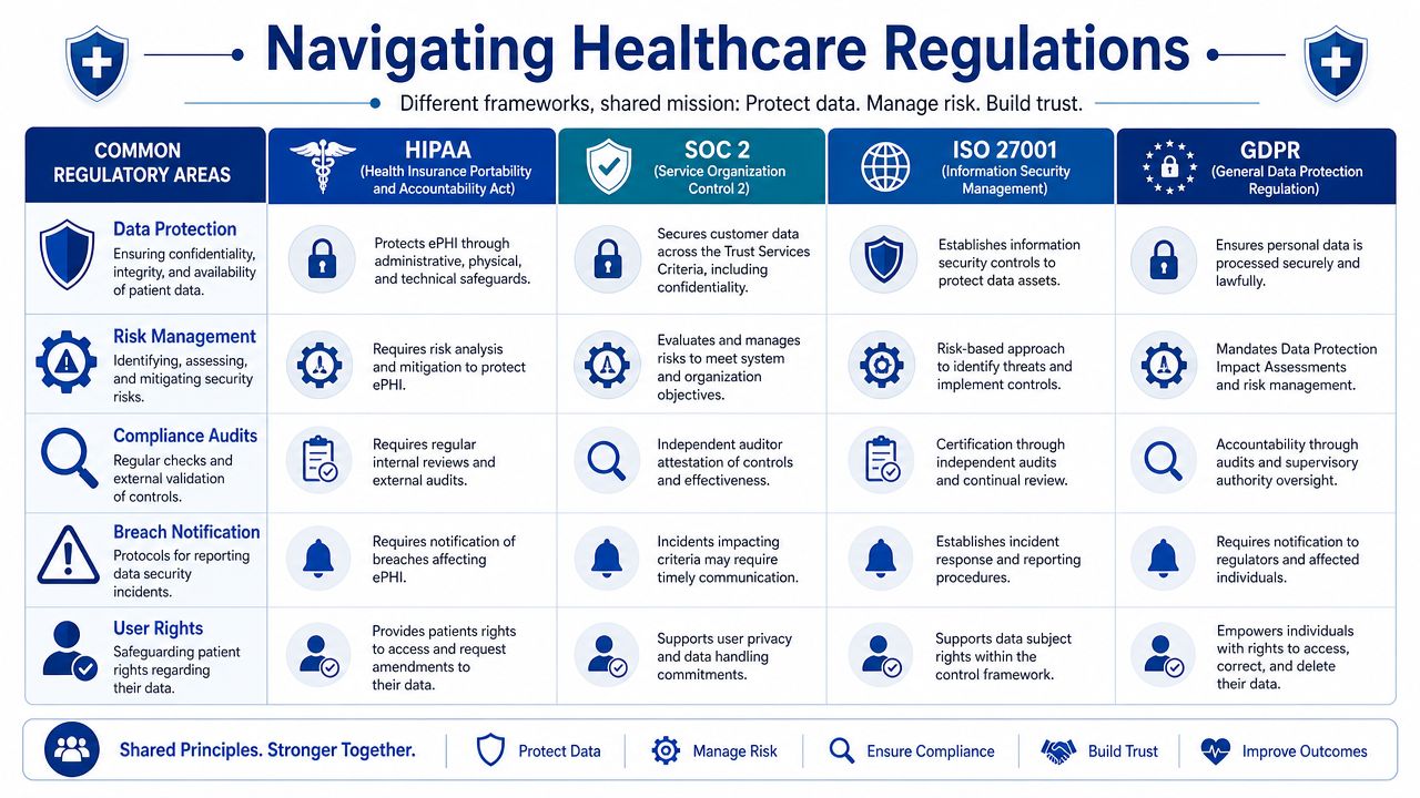 A comparison chart outlining HIPAA, SOC 2, ISO 27001, and GDPR regulatory frameworks for healthcare data compliance.