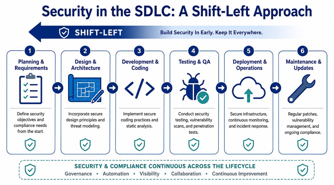 A diagram illustrating a shift-left security approach across the six stages of the software development lifecycle.