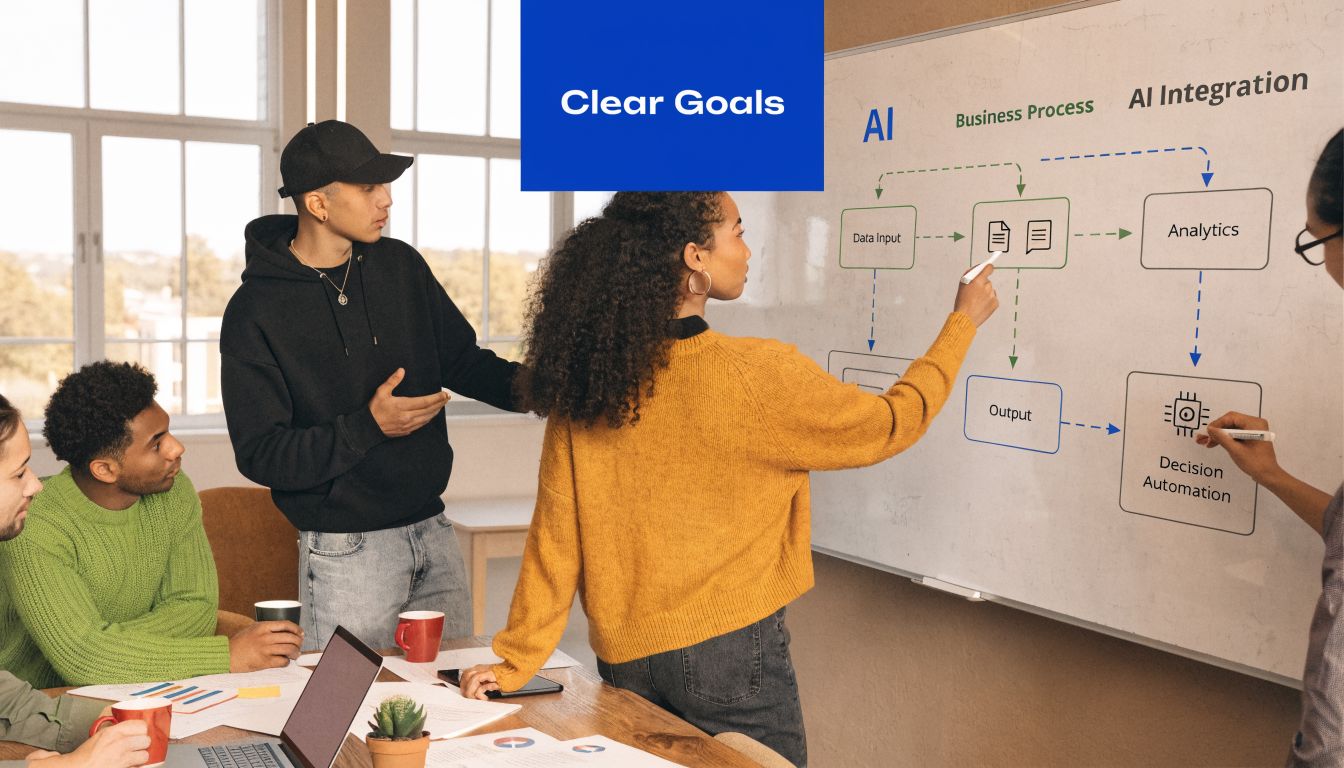 A diverse team of professionals brainstorming about AI integration and business process workflow on a whiteboard.