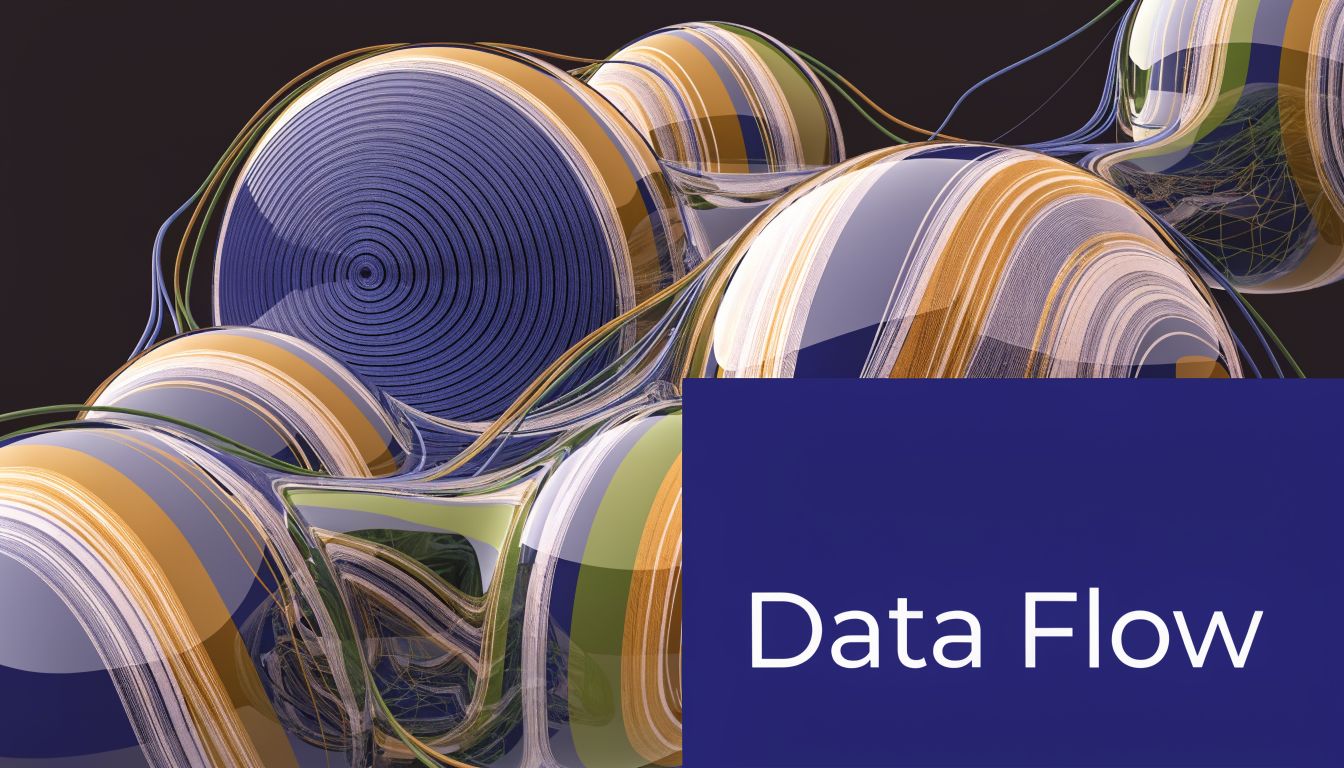 An abstract graphic featuring interconnected glossy spheres with swirling blue, orange, and white patterns representing data flow.