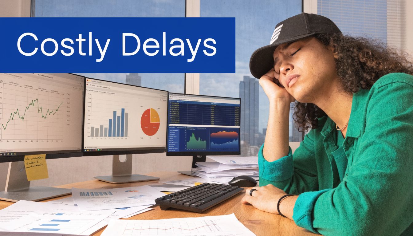 A tired worker leans on their desk in front of multiple computer monitors displaying financial business charts.
