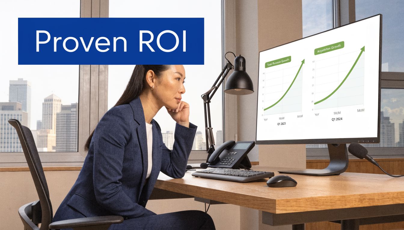 A professional woman in a suit looks at a monitor displaying graphs showing business revenue growth.