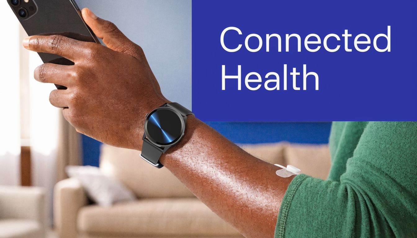 A person wearing a smartwatch and a glucose monitor patch checking health data on their smartphone.