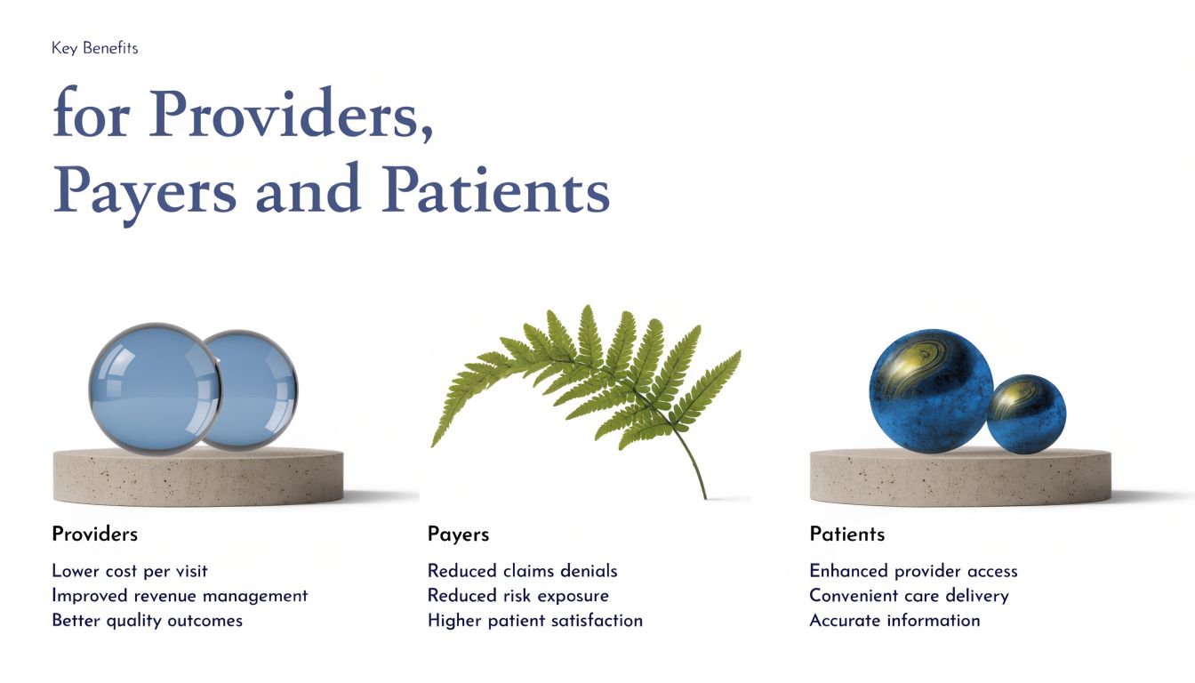 An infographic detailing key benefits for providers, payers, and patients displayed with icons on platforms.