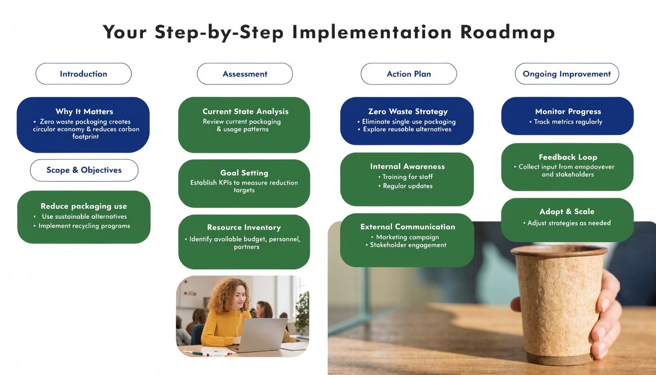 A structured implementation roadmap for businesses to reduce packaging waste and achieve sustainability through step-by-step goals.