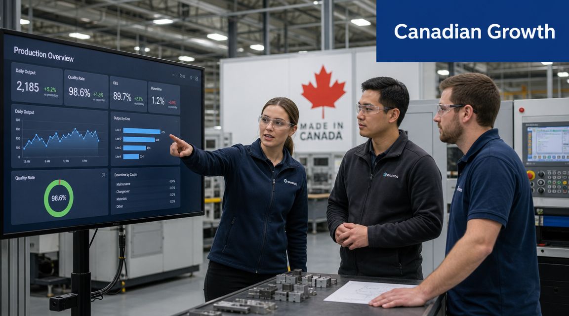 A team discussing manufacturing data on a digital dashboard inside a modern Canadian production facility.