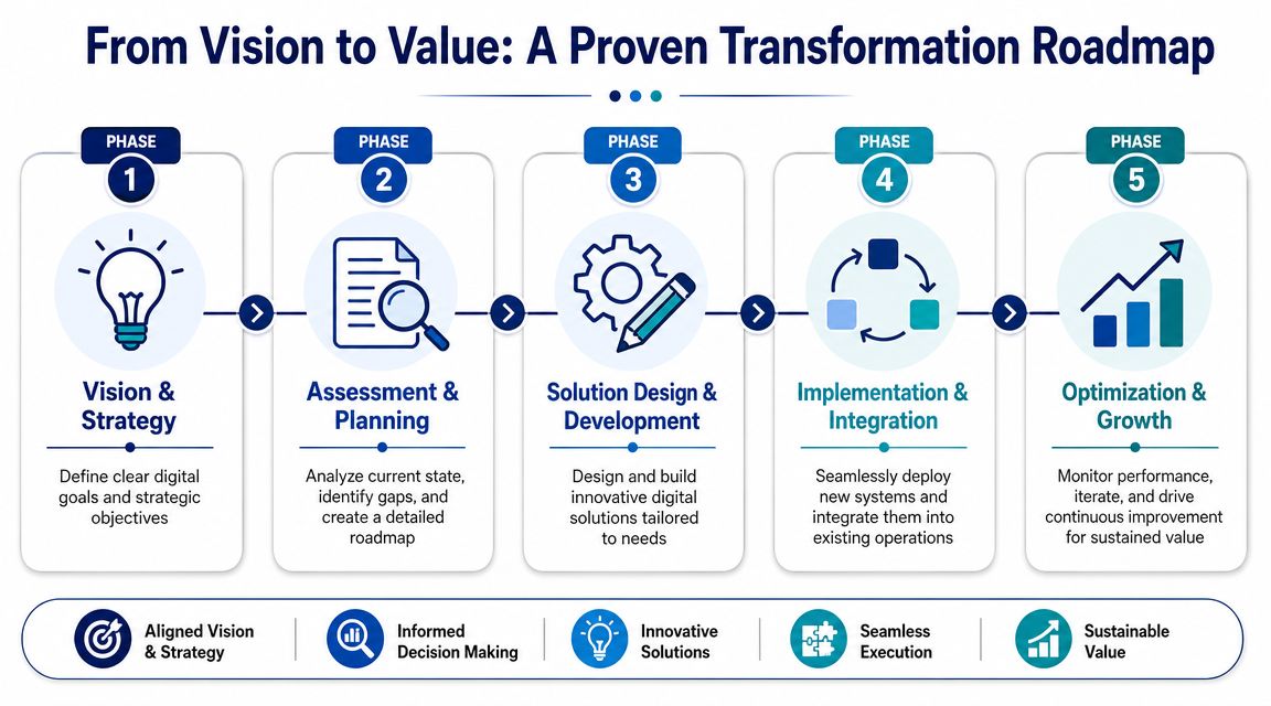 A five-phase transformation roadmap graphic, moving from initial vision and strategy to final optimization and growth.