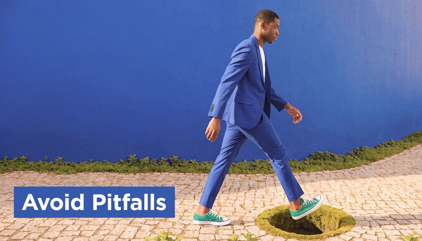 A man in a blue suit walking carefully over a grass-covered hole in the ground.