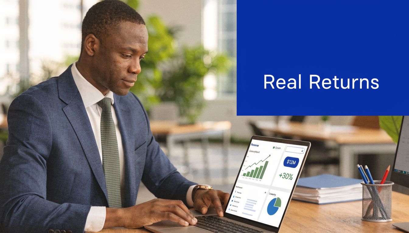 A professional man in a business suit analyzing financial charts on his laptop in a modern office.