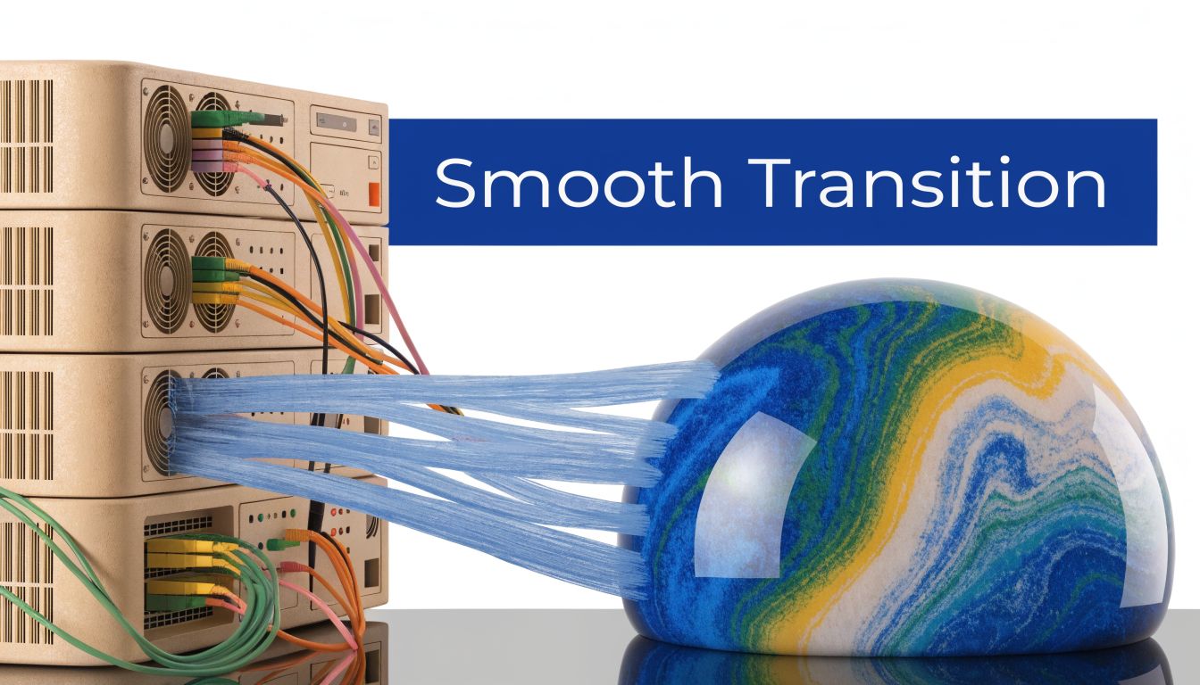 A server rack connected to a swirling blue and yellow globe representing ecommerce backend modernization digital transformation.