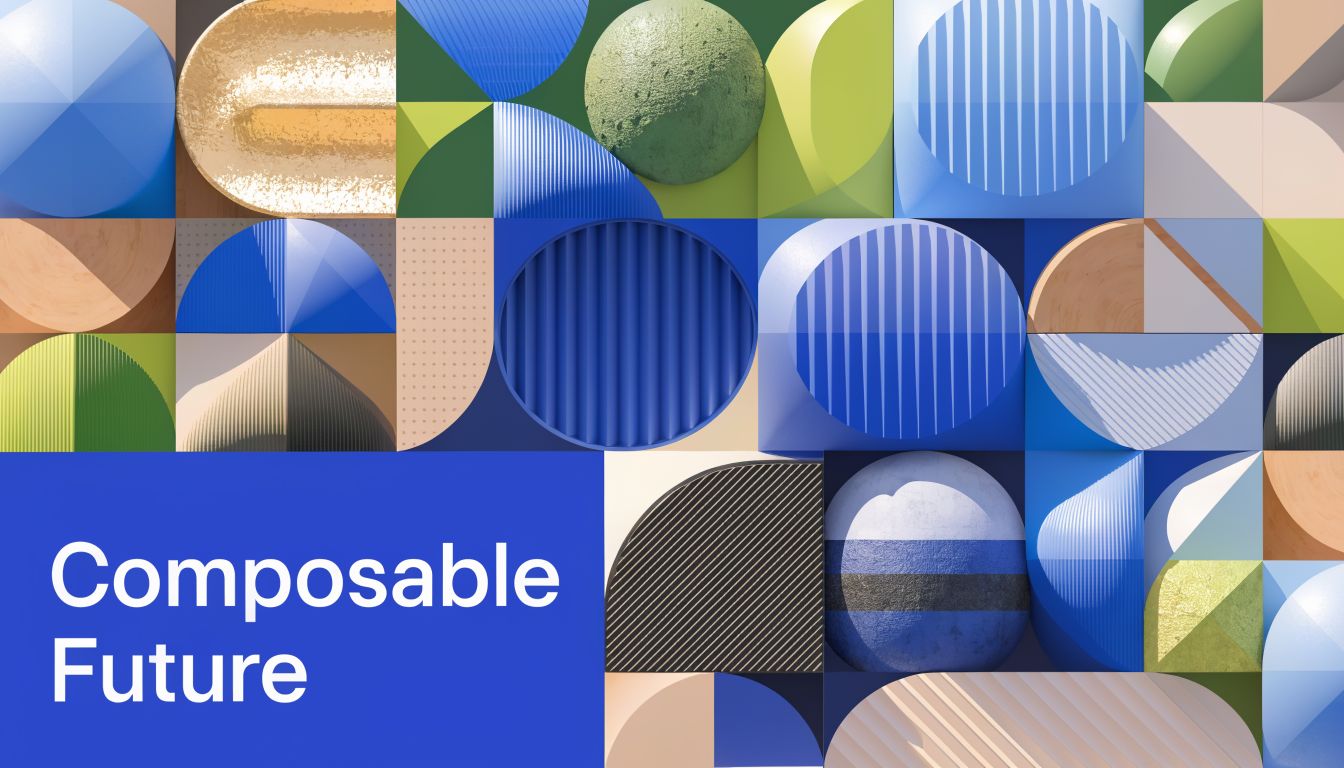A modern graphic design featuring abstract geometric 3D shapes, blue themes, and the text Composable Future.
