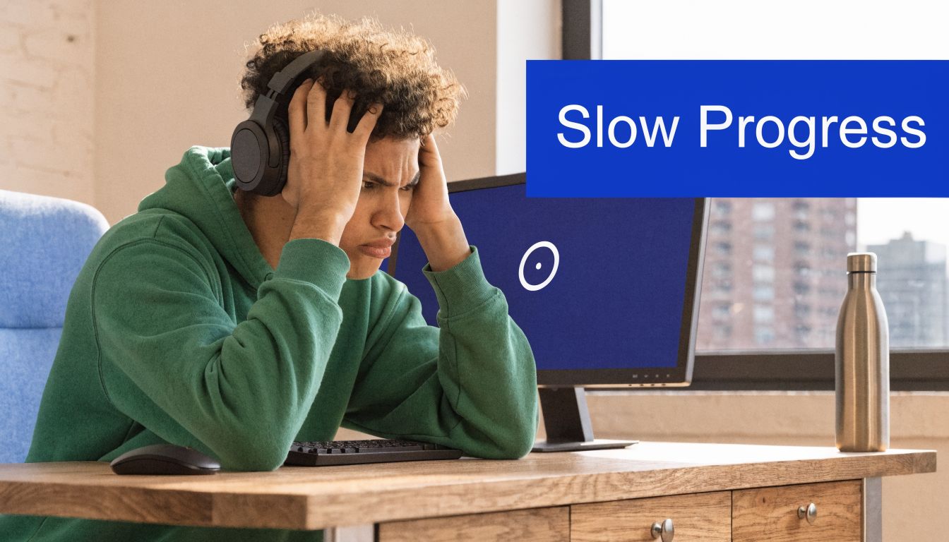 A frustrated young person sitting at a desk while staring at a loading screen on a computer.