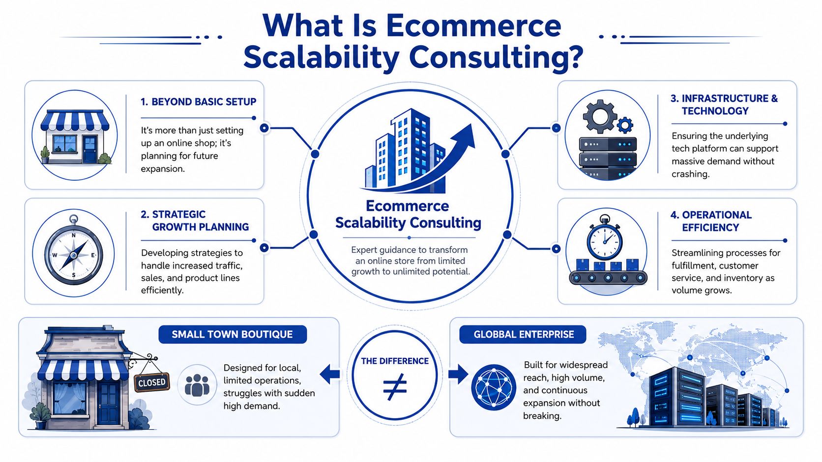 A professional infographic illustrating the components and benefits of ecommerce scalability consulting for growing online businesses.