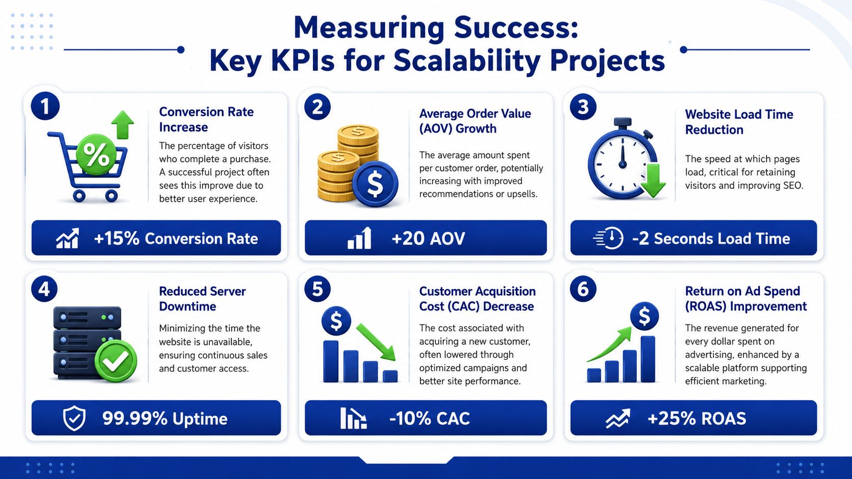 An infographic titled Measuring Success showing six key performance indicators for e-commerce scalability projects.