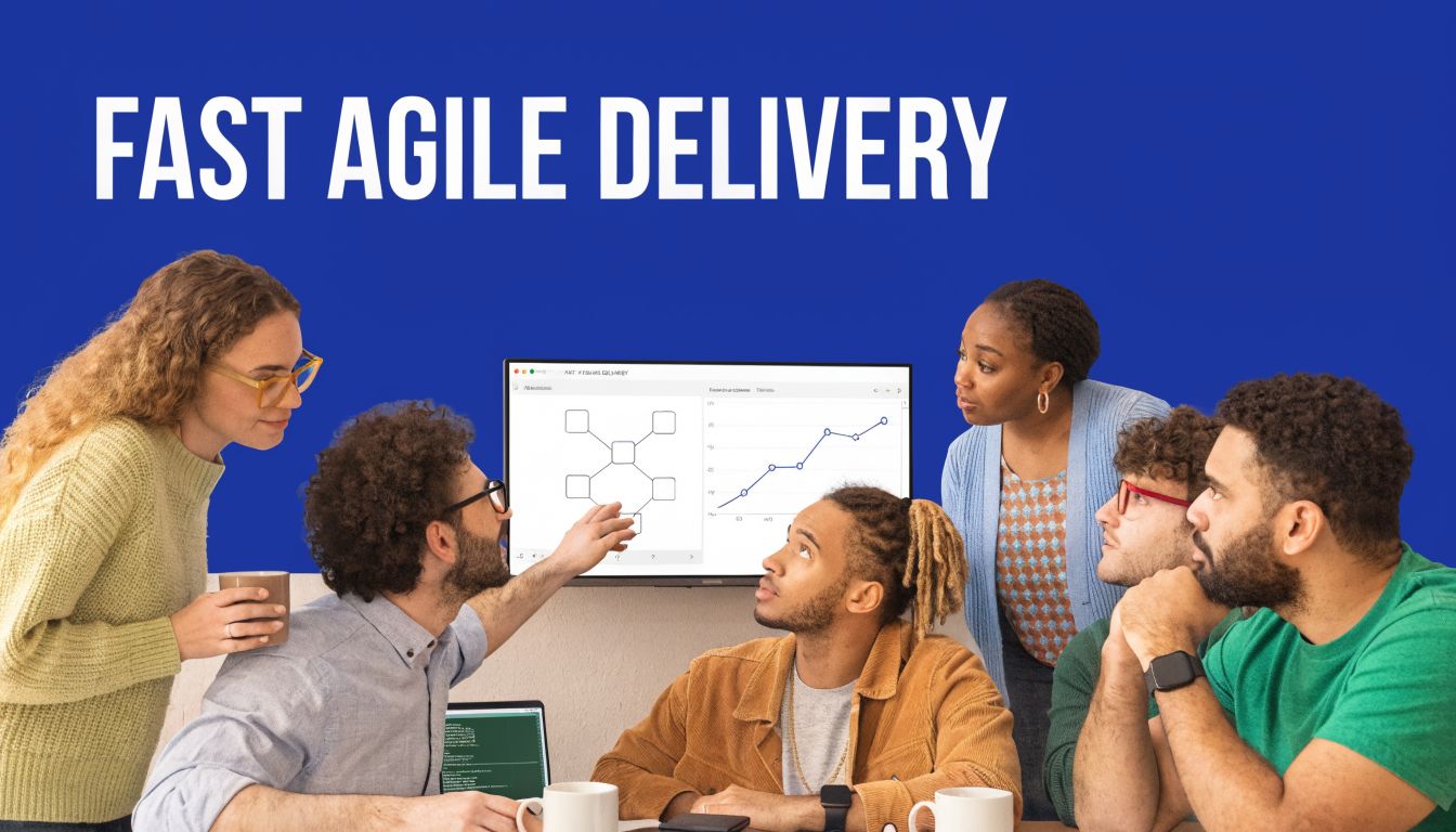 A diverse team of professionals collaborating on enterprise application development while viewing data charts on a screen.