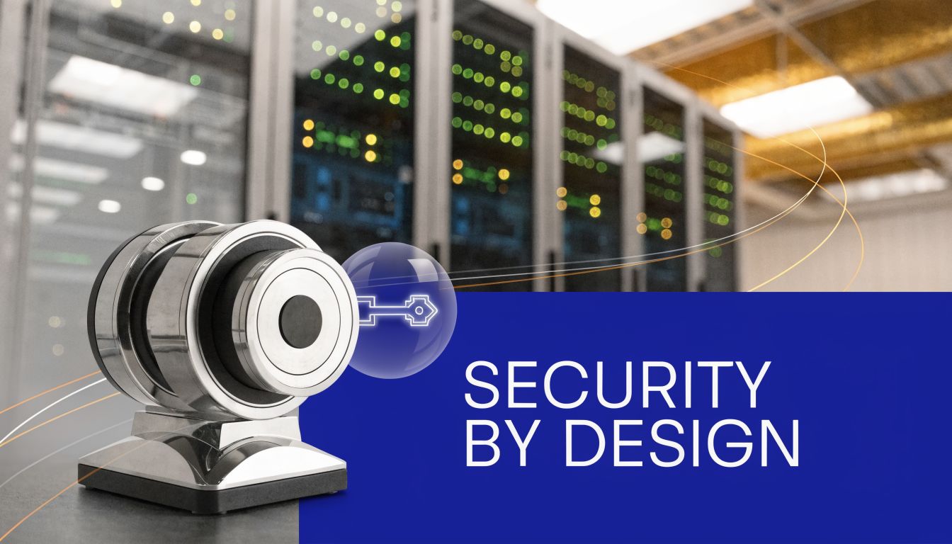 A digital graphic featuring a metal lock icon and the text Security by Design over server racks.
