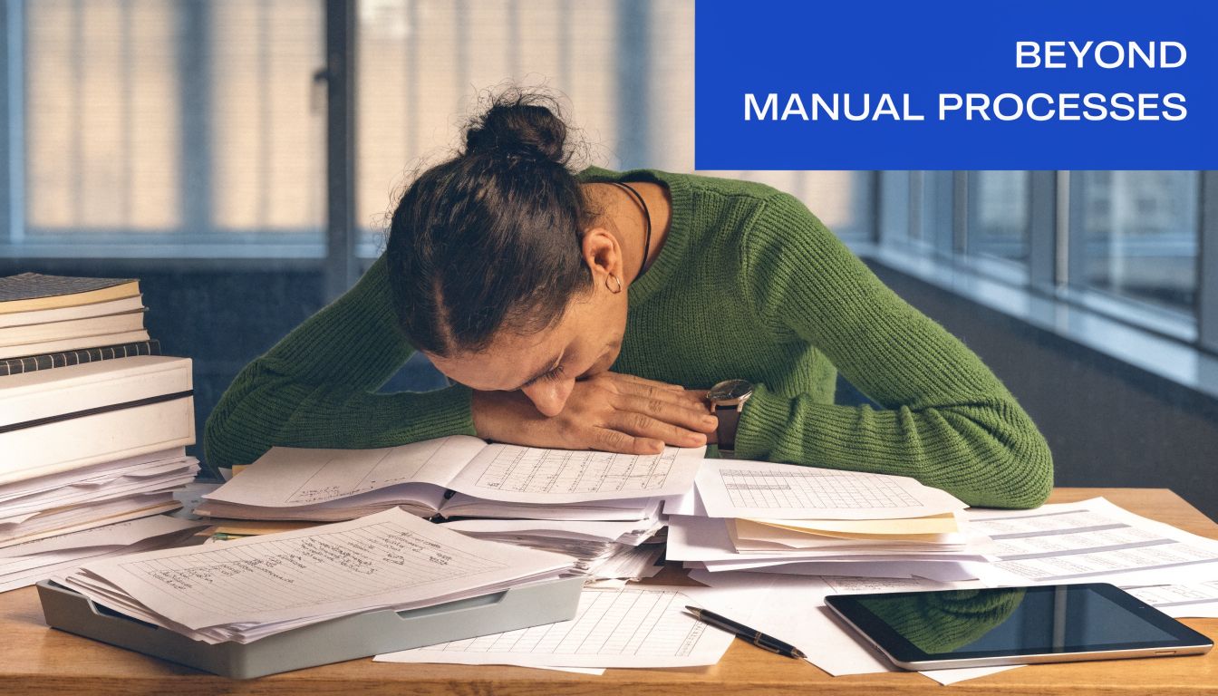 A person in a green sweater resting their head on a desk covered in paperwork.