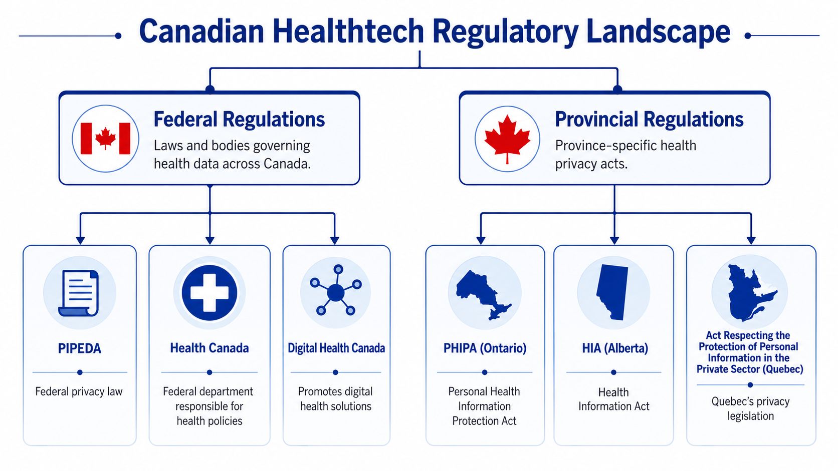 A diagram outlining the Canadian healthtech regulatory landscape, categorized into federal and provincial laws and organizations.