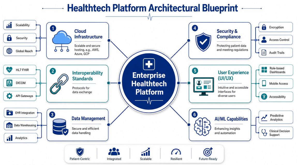 A comprehensive diagram illustrating the architectural blueprint and core components of an enterprise healthtech platform.