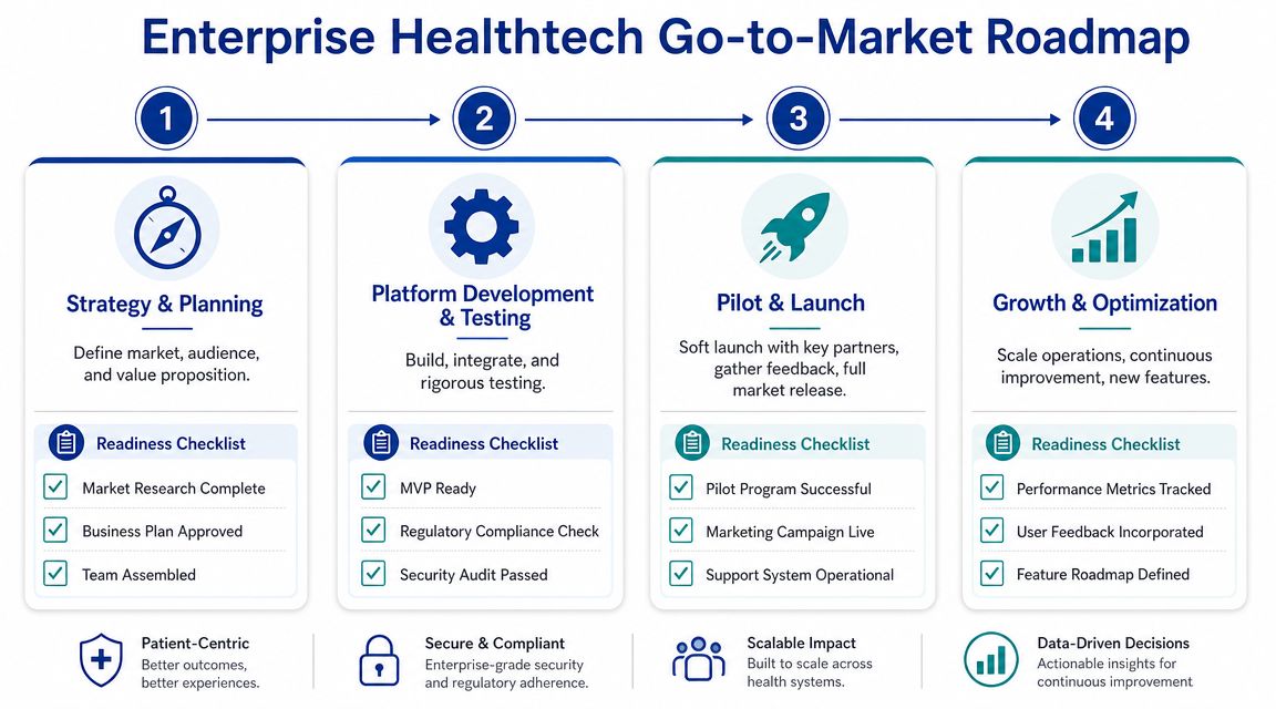 A four-step enterprise healthtech go-to-market roadmap infographic detailing strategy, development, pilot, and growth phases.