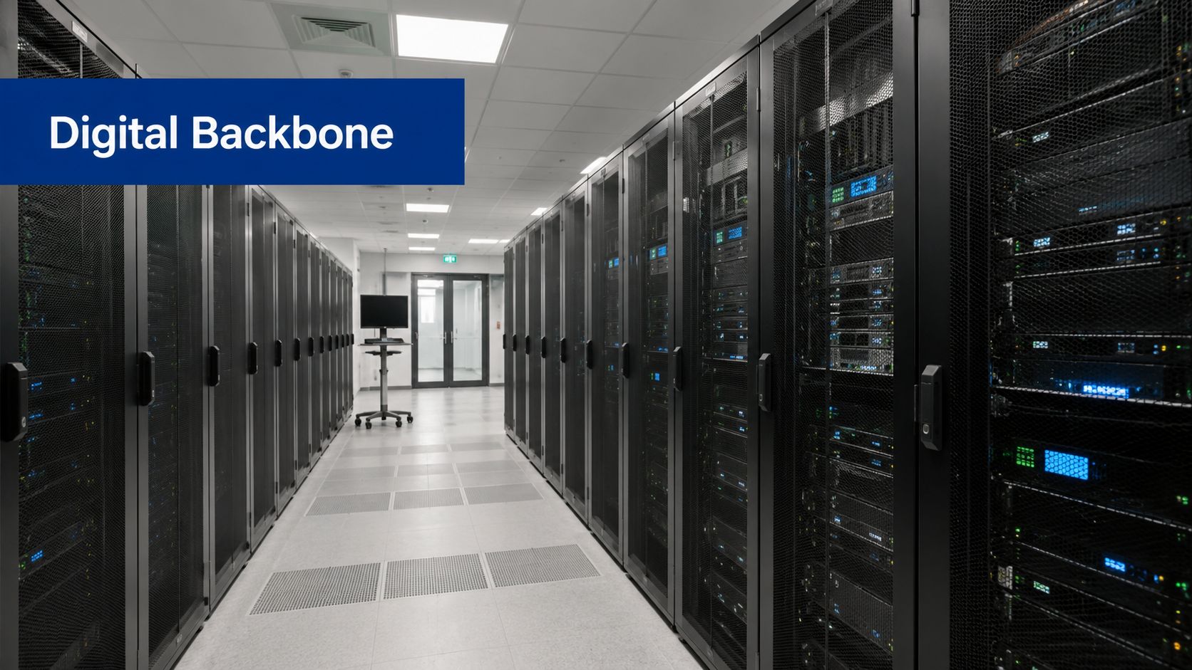 A modern server room with rows of black server racks organized in a professional data center facility.