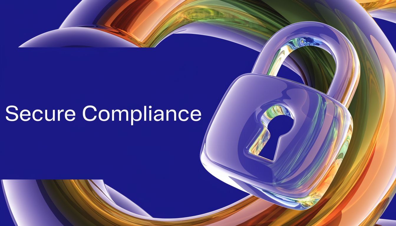 A glossy purple padlock symbol against an abstract colorful background with the text Secure Compliance displayed.