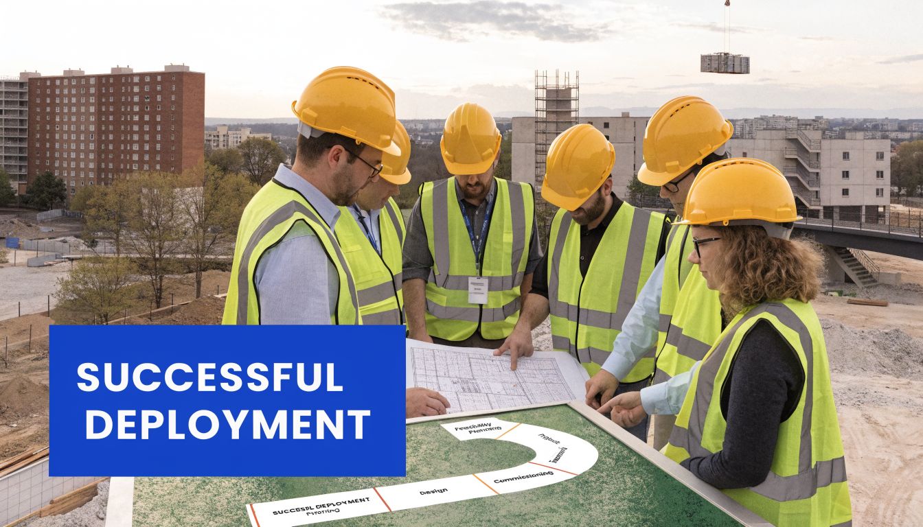 A team of engineers in hard hats reviewing construction project plans on a sunny building site.