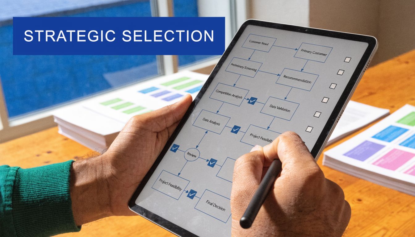 A professional analyzing a digital strategic selection workflow chart on a tablet screen using a stylus pen.