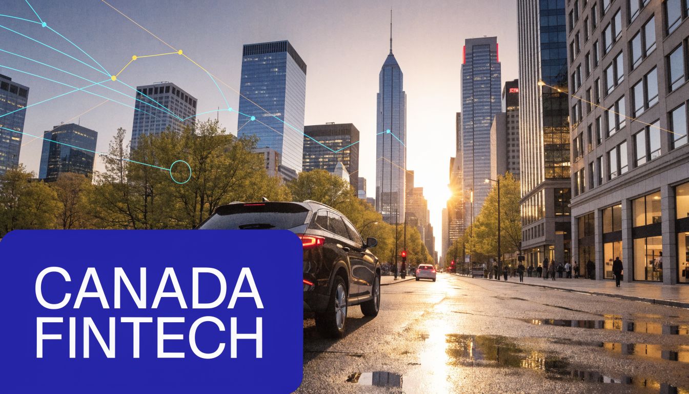 A modern Canadian cityscape at sunset with digital network lines overlayed above a city street.